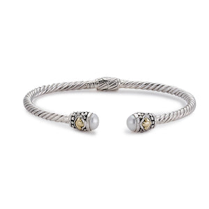 Sterling Silver and 18K Yellow Gold Freshwater Pearl Twisted Cable Bangle