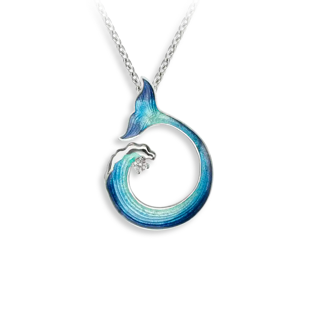 Sterling Silver Blue Enamel and White Sapphire Wave and Whale Tail Pendant