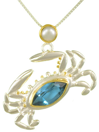 22K Gold and Sterling Silver Topaz and Pearl Crab Pendant