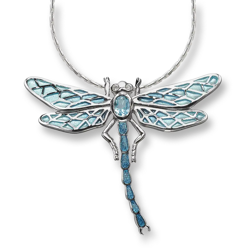Sterling Silver White Sapphire and Blue Topaz Plique-A-Jour Dragonfly Pendant