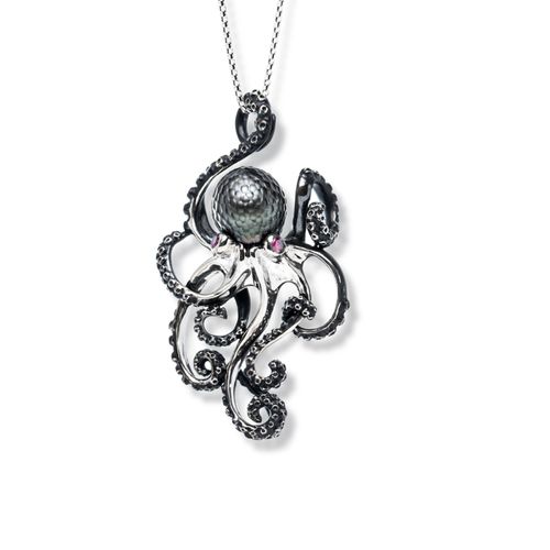Sterling Silver Carved Tahitian Pearl and Ruby Octopus Pendant