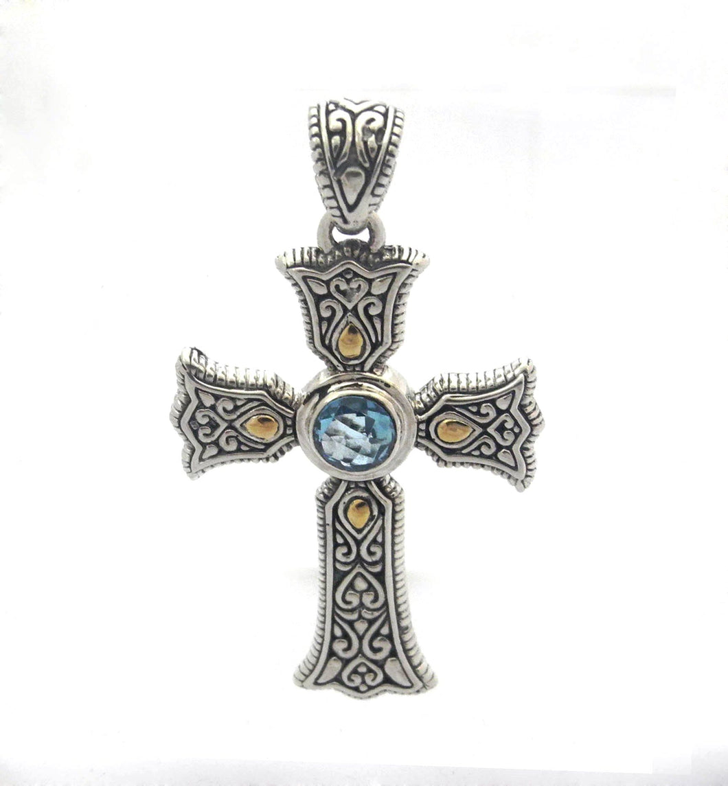 Sterling Silver and 18K Gold Cross with Blue Topaz Pendant