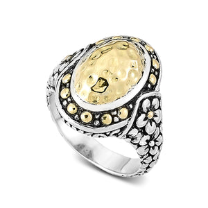 Sterling Silver and 18K Gold Oval Hammered Floral Ring