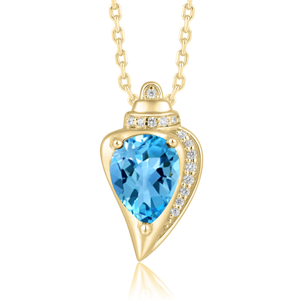 14K Yellow Gold Blue Topaz Conch Shell Pendant