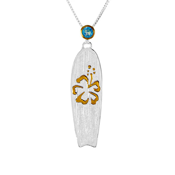 22K Gold and Sterling Silver Topaz Surfboard Pendant