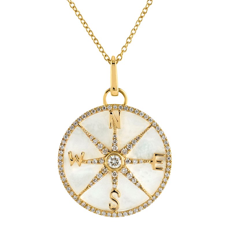 14K Yellow Gold Diamond Mother of Pearl Compass Pendant