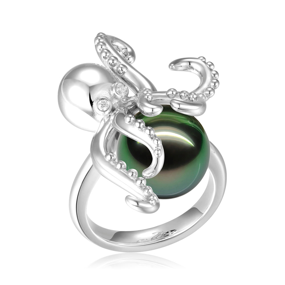 Sterling Silver Octopus Ring with Tahitian Pearl