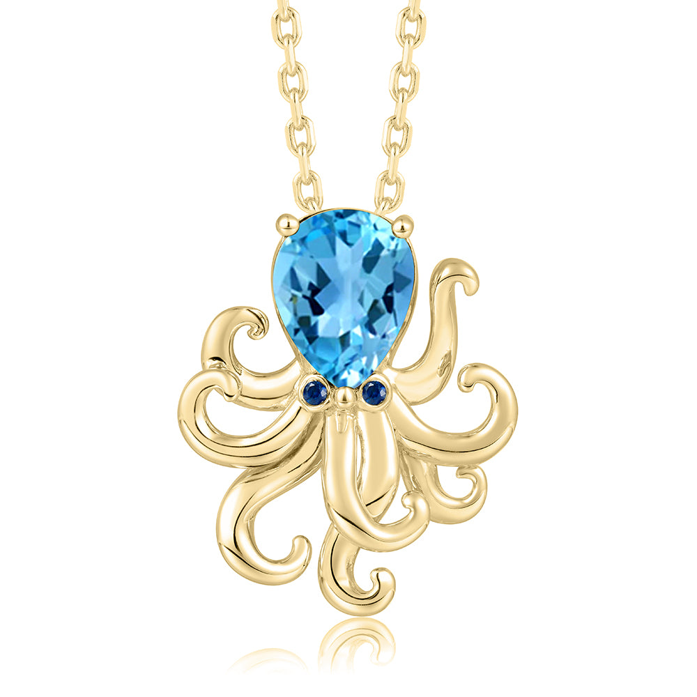 14K Yellow Gold Blue Topaz Octopus Pendant