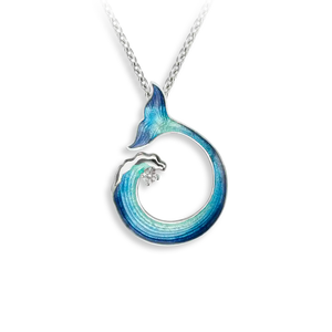 Sterling Silver Blue Enamel and White Sapphire Wave and Whale Tail Pendant