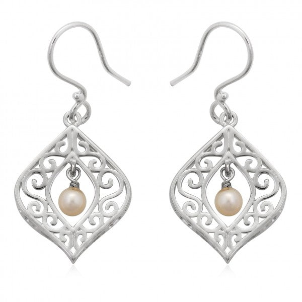 Sterling Silver Filigree Drop Pearl Earrings Sterling Silver Filigree Drop Pearl Earrings
