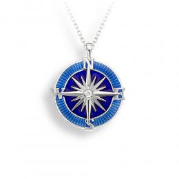 Blue Enamel Sterling Silver Nautical Compass Rose Pendant