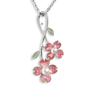 Sterling Silver Pink Enamel and Akoya Pearls Dogwood Pendant