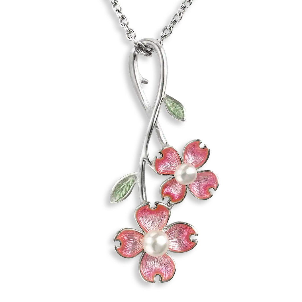 Sterling Silver Pink Enamel and Akoya Pearls Dogwood Pendant